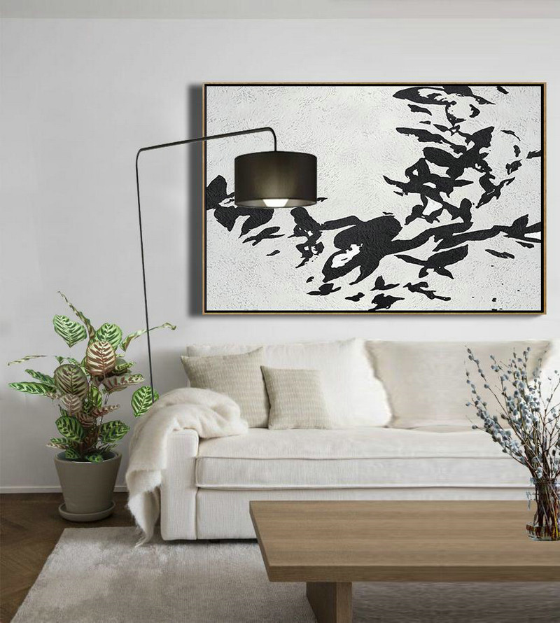 Hand Painted Acrylic Painting,Oversized Horizontal Minimal Art On Canvas, Black And White Minimalist Painting - Huge Abstract Canvas Art